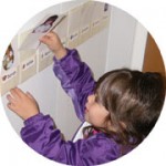 Young girl putting her picture on a chore chart.