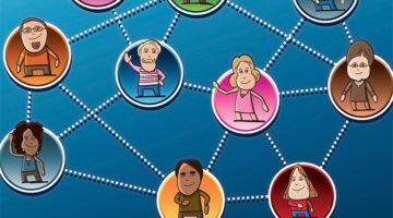 People inside circles connected by whit dots on a blue background.