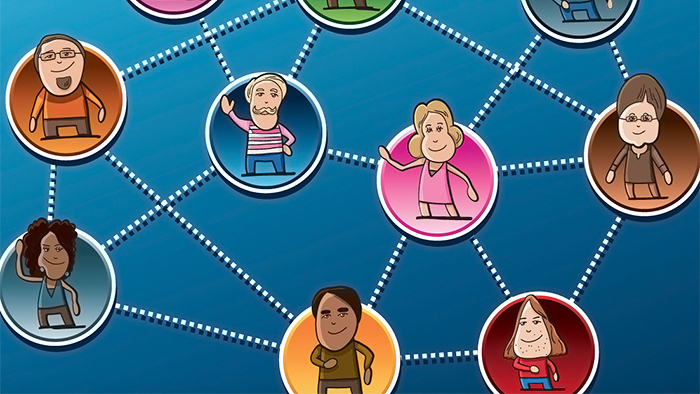 People inside circles connected by whit dots on a blue background.