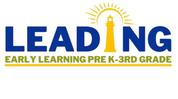 Yellow lighthouse projecting yellow rays oflight against a white background. the words, Leading Early Learning Pre K-3rd Grade, appear in dark blue and light green letters.