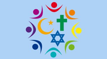 A center cluster of religious symbols for Islam (Crescent and Star), Christianity (Cross) and Judaism (Star of David) surrounded by a circle of eight abstract symbols of people with their arms raised.