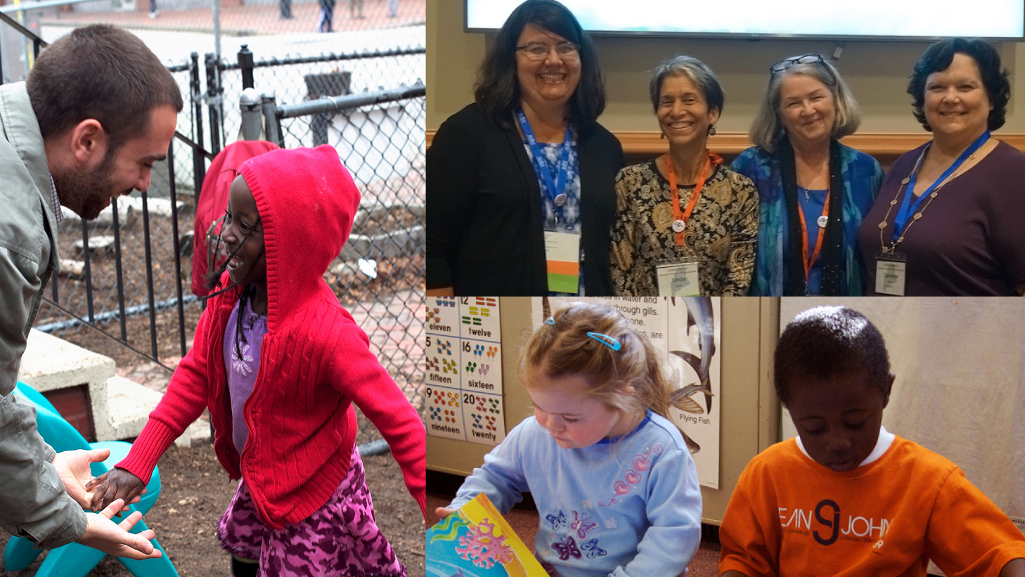 Collage of three pictures. The first is a black young girl outside on the playground talking with her male teacher. The second is a group of four women, Jami Pollis, Linda Labas, Jill Downs and Tammie Davis. The third is a preschool aged white girl and a black boy sitting together on the floor looking at a big picture book.