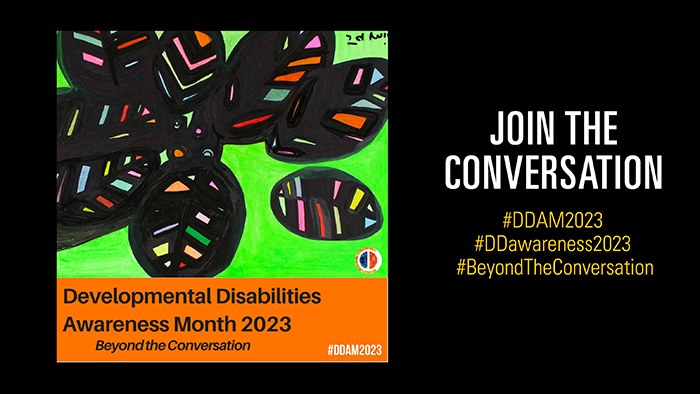 Abstract artwork on a green and orange background with text that reads "Developmental Disabilities Awareness Month 2023, Beyond the Conversation, #DDAM2023