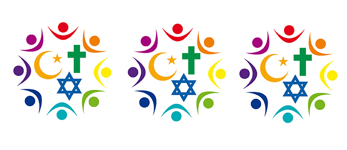 Three repeating illustrations of eight people forming a circle around three religious symbols: a crescent with a star (Islam); a cross (Christianity); and a Star of David (Judaism).