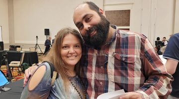Stephanie and Kile Pelletier in a meeting room in Providence, RI.